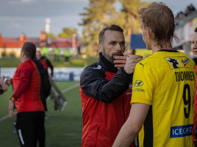 KuPs manager Jani Honkavaara pictured with Finnish international midfielder Jasse Tuominen. Photograph by Niklas Pehkonen.