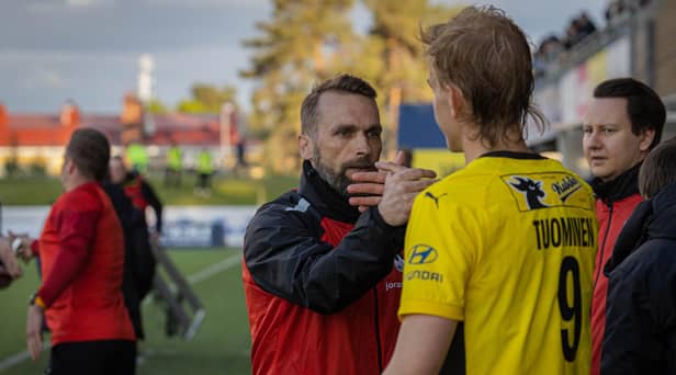 KuPs manager Jani Honkavaara pictured with Finnish international midfielder Jasse Tuominen. Photograph by Niklas Pehkonen.