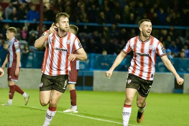 Will Patching celebrates his stunning strike against Drogheda last week. Photograph by Kevin Morrison.