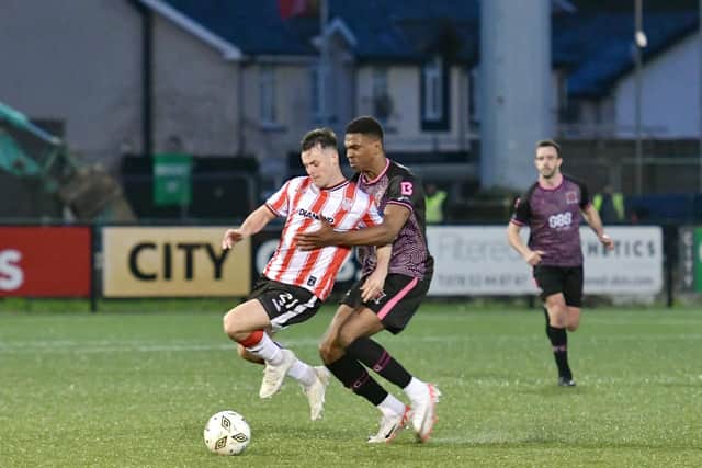 Derry City striker Danny Mullen, pictured in action against Dundalk on Friday night, scored his third goal of the season.