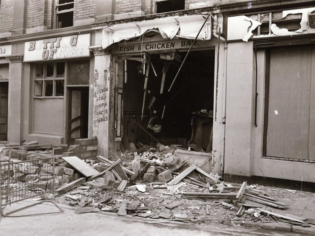 The aftermath of rioting in Derry during which the Post Office sorting office was burnt down.