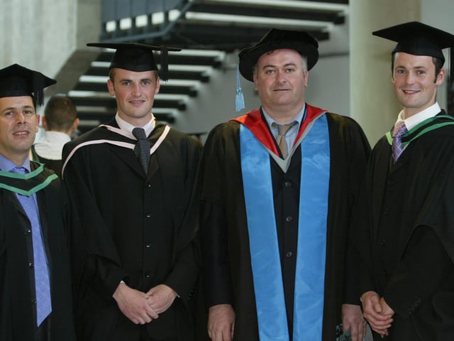 Professor Paul McKevitt pictured with students Adrian Tarr, Cathal Doherty and Ronan Ruddy at the conferring ceremony. (1107JB49)