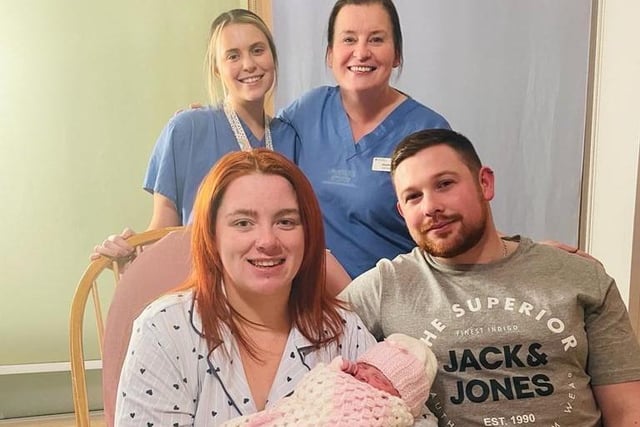 Pictured is baby girl Millie-Kate born on New Year's Day weighing 6lbs 9oz at 2.40pm at Altnagelvin Hospital with mum Gemma Conwell and dad Steven Bonner from Strabane with Midwives Holly Pape and Joanne Russell.
