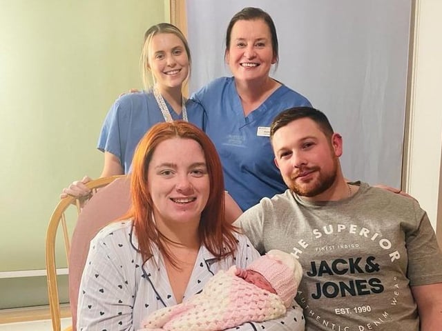 Pictured is baby girl Millie-Kate born on New Year's Day weighing 6lbs 9oz at 2.40pm at Altnagelvin Hospital with mum Gemma Conwell and dad Steven Bonner from Strabane with Midwives Holly Pape and Joanne Russell.