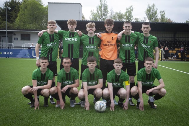 The St. Joseph’s Boys School starting XI which took to the field in the final of the NI Schools FA u-16 Cup final against Grosvenor Grammar (Belfast) on Friday afternoon at the Danny Blanchflower Stadium. (Photos: Jim McCafferty Photography)