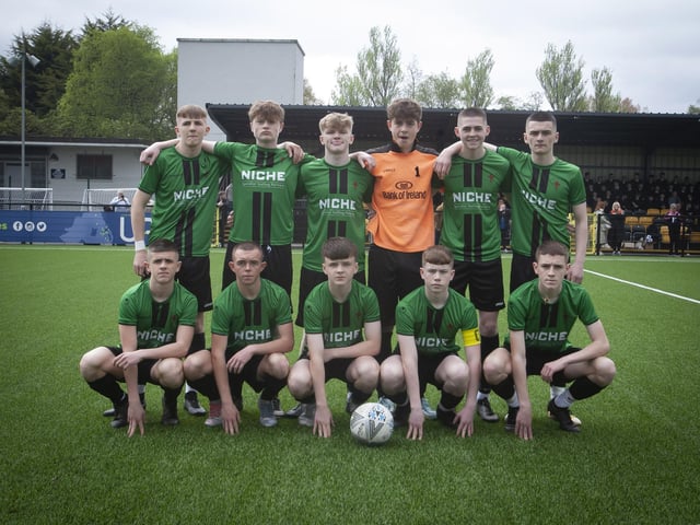The St. Joseph’s Boys School starting XI which took to the field in the final of the NI Schools FA u-16 Cup final against Grosvenor Grammar (Belfast) on Friday afternoon at the Danny Blanchflower Stadium. (Photos: Jim McCafferty Photography)