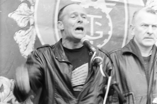 Eamonn McCann addressing a crowd in Guildhall Square.