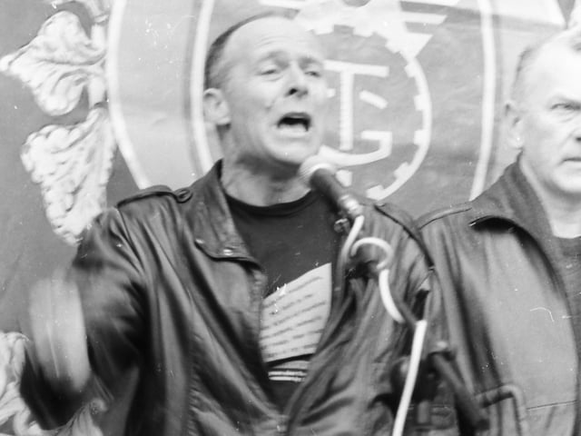 Eamonn McCann addressing a crowd in Guildhall Square.