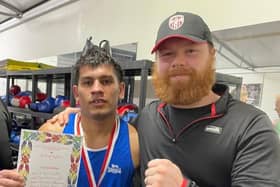 Mujeeb Rahman with Jack, one of his coaches at Springtown Boxing Club where he has already punched his way to victory on three occasions.