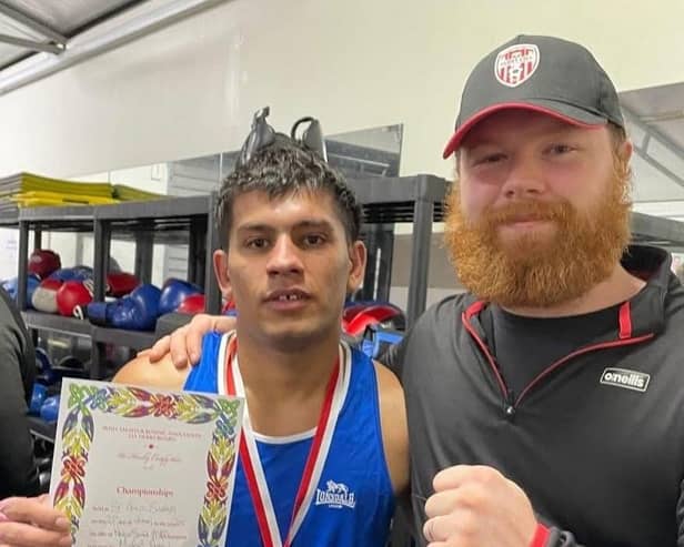 Mujeeb Rahman with Jack, one of his coaches at Springtown Boxing Club where he has already punched his way to victory on three occasions.