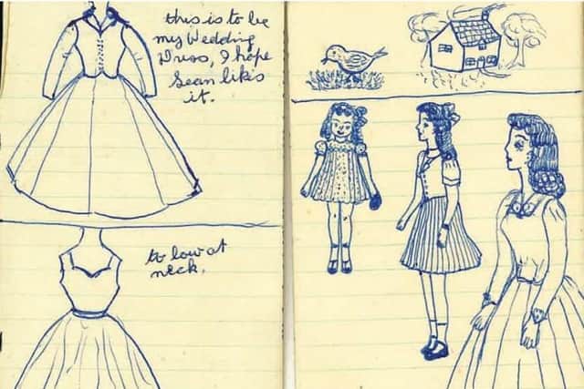 A sketch of Polly's design for her wedding dress.