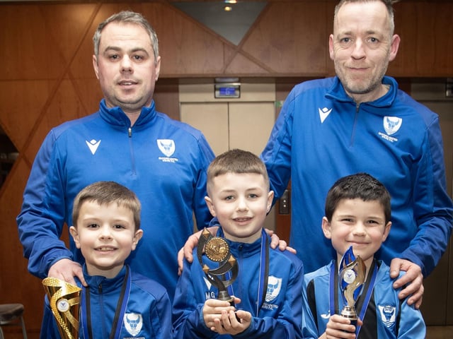 The 2017 main prizewinners pictured at the Oxford United Awards night. Front from left Josh Harrigan, Martin Gallagher and Evan Barr. At back are coaches Gary Barr and Niall Duffy.