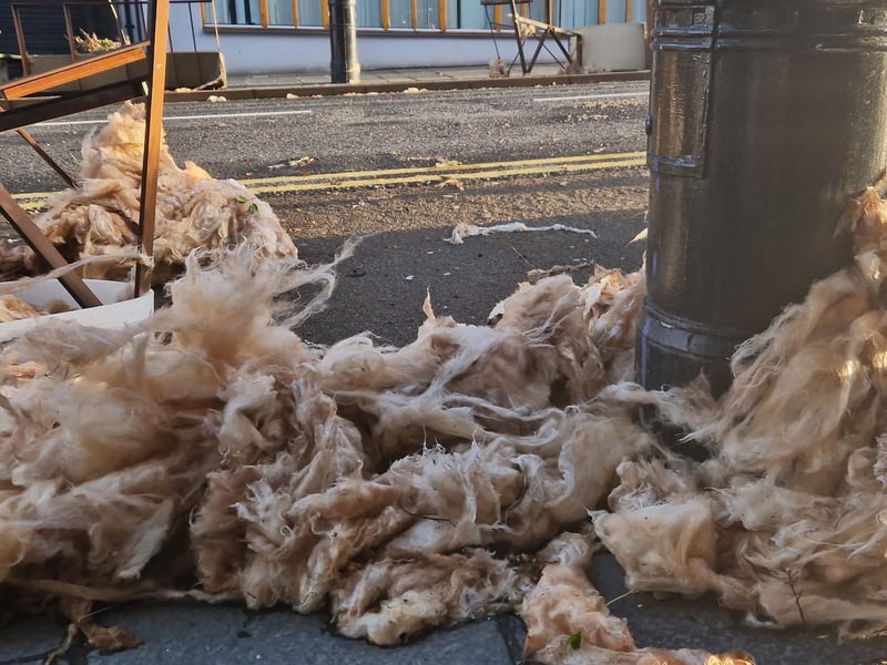 Insulation material blown onto Bishop Street.