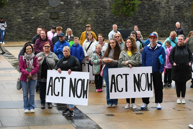 Some of the attendance, in Guildhall Square, at Caleb's Cause rally calling for legal protection for young people with Special Educational Needs who have disabilities in Northern Ireland beyond the age of 19. Photo: George Sweeney