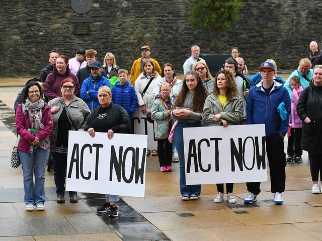 Some of the attendance, in Guildhall Square, at Caleb's Cause rally calling for legal protection for young people with Special Educational Needs who have disabilities in Northern Ireland beyond the age of 19. Photo: George Sweeney