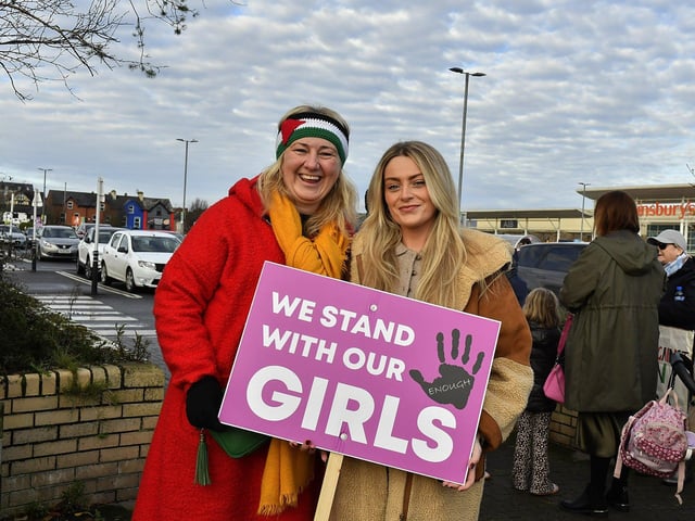 Proponents who participated in the Foyle Women’s Aid walk, from Sainsbury’s to the Guildhall on Sunday afternoon, supporting the United Nations Women’s Campaign to eliminate gender – based violence worldwide. Photo: George Sweeney