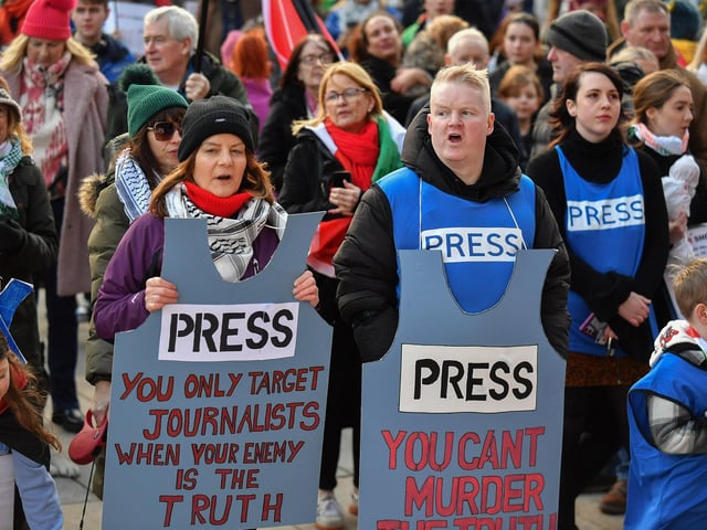 Supporters attend the pro-Palestinian solidarity rally in Derry on Saturday afternoon. Photo: George Sweeney