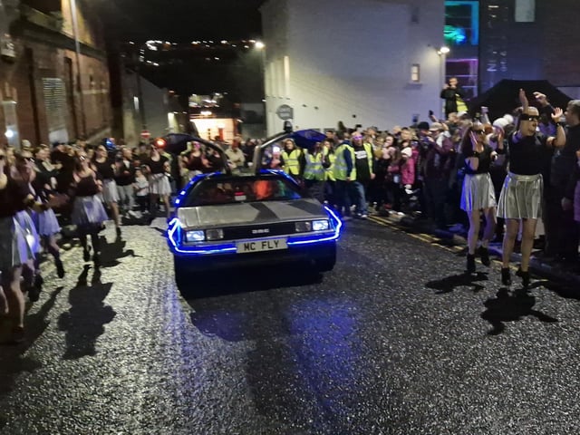 Doc and Marty driving off in the DeLorean, to go back in time.