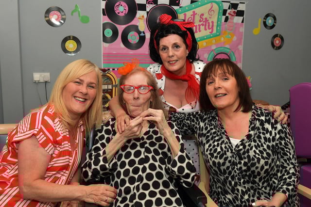 Ann Friel, Rosaleen Barr, Berna Green and Jodie Barr pictured at the 1950s party Berna held in the Oakleaves Care Centre, Racecourse Road on Thursday afternoon last. Photo: George Sweeney. DER2326GS – 28