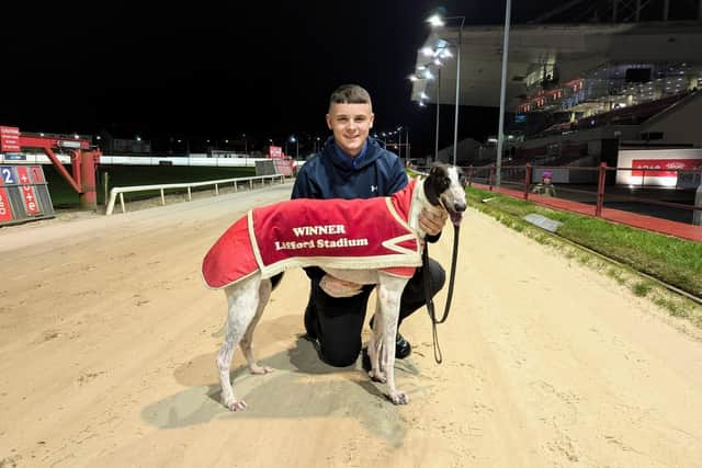 Northwest Greyhound Supplies semi-final winner 'Import Duty' with Tom Mullan.