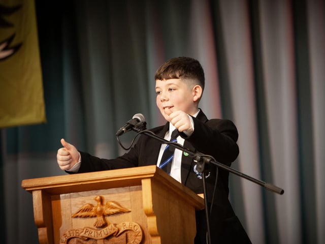 St. Columb's College Year 8 student Ciaran Cullen addressing the attendance at Saturday's Open Day. : .