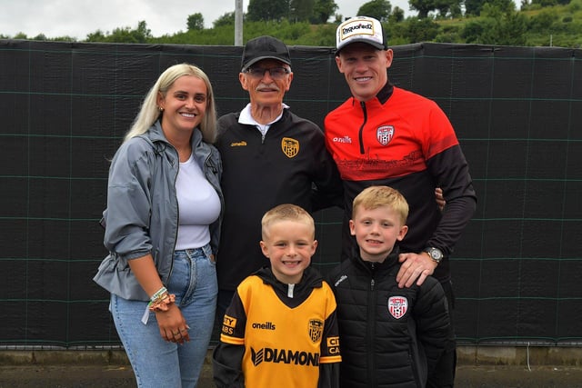 Erin McClean, Tony O’Doherty, James McClean, Oliver and James’ son James pictured at the Brandywell on Friday evening. Photograph: George Sweeney.  DER2325GS – 65