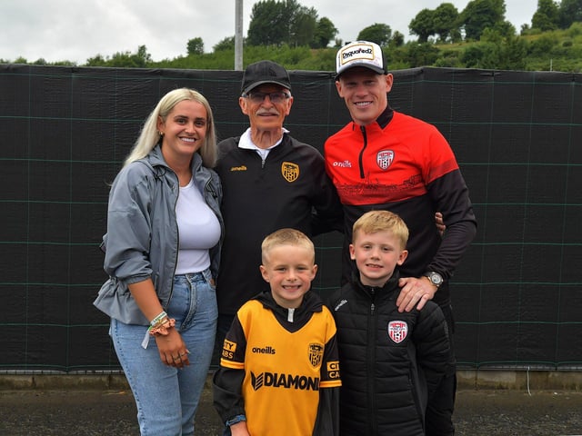 Erin McClean, Tony O’Doherty, James McClean, Oliver and James’ son James pictured at the Brandywell on Friday evening. Photograph: George Sweeney. DER2325GS – 65