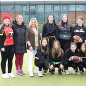 Mayor Sandra Duffy with pupils from Hollycross College who had a go at American football at the Mayor's Sporting event for women/girls schools held in the Foyle Arena. Included on left, are Anna McBeth, Vipers coach, Siobhan Garry, PE teacher, and on right, Peter Hamilton, Vipers coach, and Christiane Hunter, PE teacher. (Photo - Tom Heaney, nwpresspics)