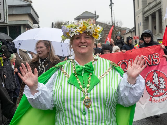 The Deputy Mayor, Alderman Nyree McMorris pictured during the St. Patrick's Day Spring Carnival in DerryThe annual St. Patrick’s Day Spring Carnival took to the streets of Derry on Tuesday as the annual celebration brought entertainers into the city centre before a parade watched by thousands made its way down Shipquay Street past the historic Guildhall. Picture Martin McKeown. 17.03.26