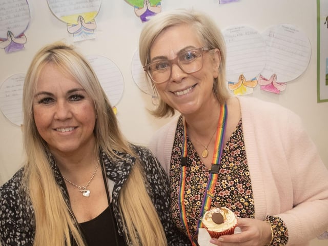 Classroom assistants Julie McLaughlin and Edel Kehoe helping out at the Steelstown PS Coffee Morning in aid of Angel Wishes Charity on Friday morning. (Photos: Jim McCafferty Photography)