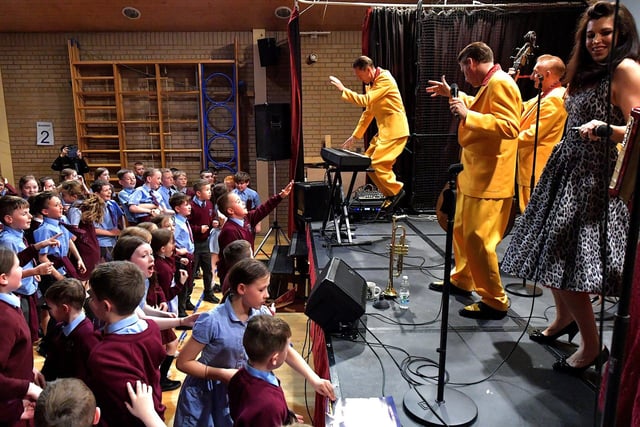 The Jive Aces open the 2023 Jazz Festival with a performance in St St John’s Primary School on Thursday afternoon. Photo: George Sweeney.  DER2317GS – 33