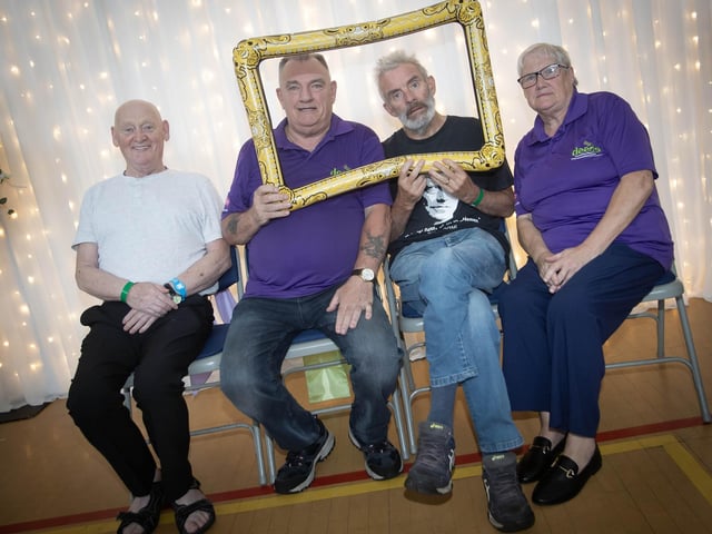 Gerard McGill, Fred Dazell (Volunteer), Kevin McKinney and Maureen Hamilton (Volunteer),  Caw Social Group, pictured on Tuesday afternoon at the Tea Party. : .