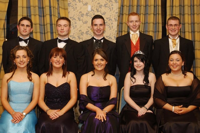 Front, from left, are Karen McCrea, Charlene Devine, Mary Duffy, Rachael McCool and Marie McLoone. Back, from left, are Conor Bowman, Kevin Kyle, James Gill, Ryan McMenamin and Diarmuid Semple. (1611C05) : Students and their guests pictured at the St Columb's College formal back in November 2004.