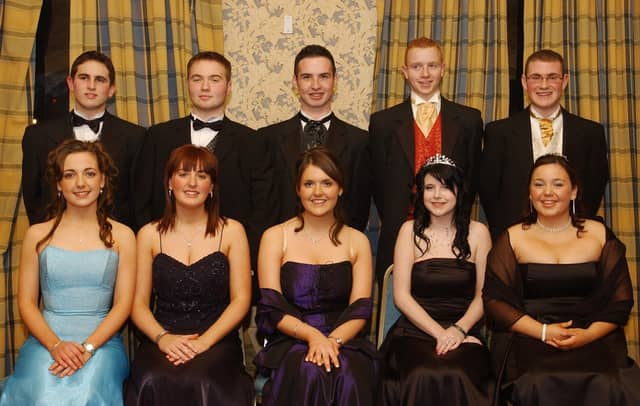 Front, from left, are Karen McCrea, Charlene Devine, Mary Duffy, Rachael McCool and Marie McLoone. Back, from left, are Conor Bowman, Kevin Kyle, James Gill, Ryan McMenamin and Diarmuid Semple. (1611C05) : Students and their guests pictured at the St Columb's College formal back in November 2004.