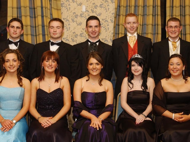 Front, from left, are Karen McCrea, Charlene Devine, Mary Duffy, Rachael McCool and Marie McLoone. Back, from left, are Conor Bowman, Kevin Kyle, James Gill, Ryan McMenamin and Diarmuid Semple. (1611C05) : Students and their guests pictured at the St Columb's College formal back in November 2004.