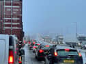 Traffic at a standstill on the M62 motorway near Kirklees, West Yorkshire, due to heavy snow in the area. (Photo credit: PA Wire)