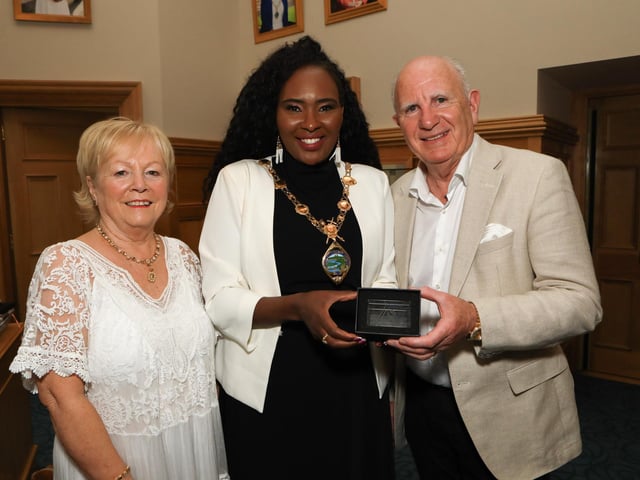 The Mayor of Derry City and Strabane District, Councillor Lilian Barr, held a special reception yesterday in the Guildhall for Gabriel Dolan in recognition of his significant contribution over the years to the Strabane/Lifford Business Community. Included is his wife Josephine. (Photo - Tom Heaney, nwpresspics)