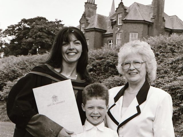 Photographs of students, professors, and proud parents during the Magee graduations in June 1995.
