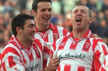 Derry City FC Home Shirt 2002 (Peter Hutton, Ciaran Martyn and Liam Coyle). Errea.