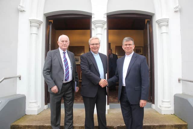 The Moderator of the Presbyterian Church in Ireland, Right Reverend Dr Sam Mawhinney (right) is welcomed by the minister of Burt Presbyterian Church, Rev Craig Wilson (centre) and Clerk of Session, James Buchannan (left) outside the Church ahead of Friday evening’s special Service of Thanksgiving to celebrate the 350th anniversary of the founding of the congregation in 1673.