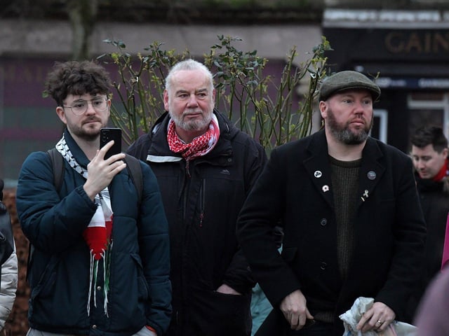 Davy McAuley from the Derry Anti War Coalition, was among the attendance at the Holocaust Memorial Day vigil for Gaza, held in the Peace Garden, on Saturday afternoon. Photo: George Sweeney
