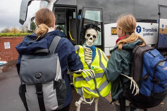 'Maud the Skeleton' on a day out with some young travellers