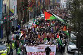 Thousands of protesters take part in a previous march and rally in Derry calling for a ceasefire in Gaza.  Photo: George Sweeney