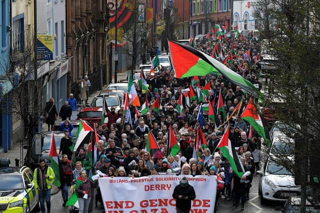 Thousands of protesters take part in a previous march and rally in Derry calling for a ceasefire in Gaza. Photo: George Sweeney