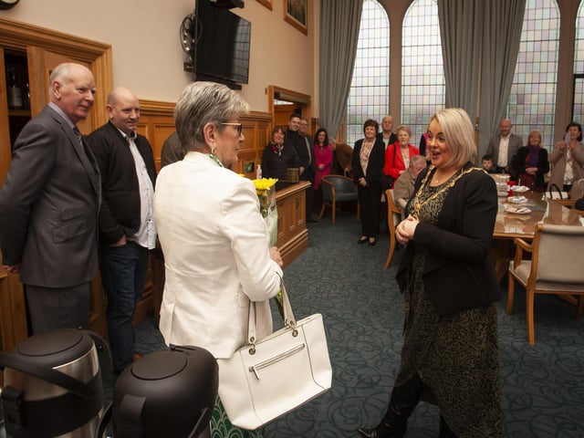 The Mayor of Derry City and Strabane District Council, Sandra Duffy pictured making a presentation to Strabane’s Ursula Melaugh at the Guildhall, Derry on Tuesday evening in recognition of her caring service to the Strabane community. (Photos: Jim McCafferty Photography)