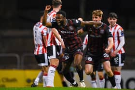 James Akintunde of Bohemians celebrates after scoring his side's second goal during the SSE Airtricity Men's Premier Division match between Bohemians and Derry City at Dalymount Park in Dublin.