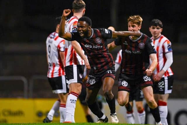 James Akintunde of Bohemians celebrates after scoring his side's second goal during the SSE Airtricity Men's Premier Division match between Bohemians and Derry City at Dalymount Park in Dublin.