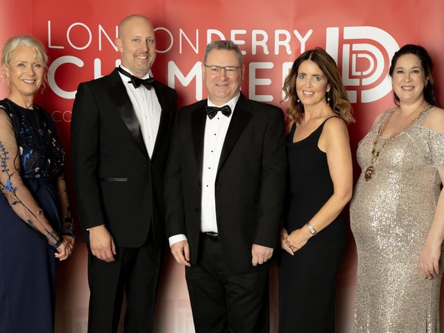 The Derry Chamber of Commerce held its Annual President’s Dinner at the White Horse Hotel. Pictured left to right are Chamber CEO Anna Doherty, US Consul General James Applegate, Jonathan McKeown, CRASH Services, Maurece Hutchinson, JMK Solicitors and Chamber President Selina Horshi.