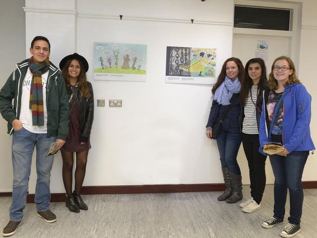 Students pictured at the launch of the “Dreams of Freedom” exhibition at the Eden Arts Centre on Culture Night are, from left, Rafael Garcia (Spain), Sara Taborada (Spain), Carley Campbell (United States), Gisele Regueiro (Spain) and Samantha Sheppard (United States). DER3715GS137