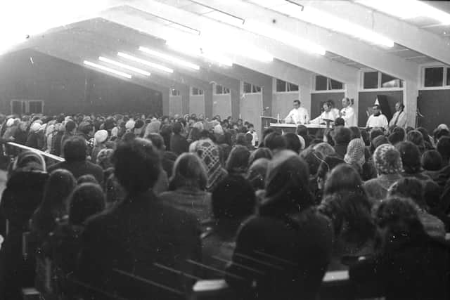Bishop Edward Daly consecrating St. Brigid's chapel in Carnhill in 1974.